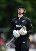 15 July 2022; Finn Allen of New Zealand reacts as he leaves the field after being caught by George Dockrell of Ireland during the Men's One Day International match between Ireland and New Zealand at Malahide Cricket Club in Dublin. Photo by Seb Daly/Sportsfile