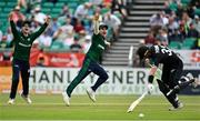 15 July 2022; Curtis Campher of Ireland, centre, appeals celebrates running out Will Young of New Zealand during the Men's One Day International match between Ireland and New Zealand at Malahide Cricket Club in Dublin. Photo by Seb Daly/Sportsfile