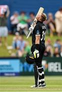 15 July 2022; Martin Guptill of New Zealand celebrates after bringing up his century during the Men's One Day International match between Ireland and New Zealand at Malahide Cricket Club in Dublin. Photo by Seb Daly/Sportsfile