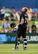15 July 2022; Martin Guptill of New Zealand celebrates after bringing up his century during the Men's One Day International match between Ireland and New Zealand at Malahide Cricket Club in Dublin. Photo by Seb Daly/Sportsfile