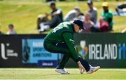 15 July 2022; Gareth Delany of Ireland fields the ball during the Men's One Day International match between Ireland and New Zealand at Malahide Cricket Club in Dublin. Photo by Seb Daly/Sportsfile