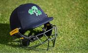 15 July 2022; A batsman's helmet before the Men's One Day International match between Ireland and New Zealand at Malahide Cricket Club in Dublin. Photo by Seb Daly/Sportsfile