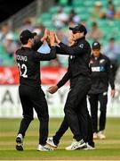 15 July 2022; Martin Guptill of New Zealand, right, is congratulated by teammate Will Young after dismissing Ireland's Gareth Delany during the Men's One Day International match between Ireland and New Zealand at Malahide Cricket Club in Dublin. Photo by Seb Daly/Sportsfile