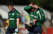 15 July 2022; Ireland batsmen Graham Hume, right, and Josh Little after their side's defeat in the Men's One Day International match between Ireland and New Zealand at Malahide Cricket Club in Dublin. Photo by Seb Daly/Sportsfile