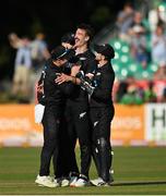 15 July 2022; New Zealand players, from left, Henry Nicholls, Blair Tickner and Tom Latham celebrate after their side's victory in the Men's One Day International match between Ireland and New Zealand at Malahide Cricket Club in Dublin. Photo by Seb Daly/Sportsfile