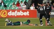 15 July 2022; Craig Young of Ireland is run out by New Zealand wicketkeeper Tom Latham during the Men's One Day International match between Ireland and New Zealand at Malahide Cricket Club in Dublin. Photo by Seb Daly/Sportsfile