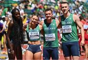 15 July 2022; The Ireland mixed 4x400m relay team,  from  left, Rhasidat Adeleke, Sophie Becker, Chris O'Donnell and Jack Raftery after finishing second in their heat during day one of the World Athletics Championships at Hayward Field in Eugene, Oregon, USA. Photo by Sam Barnes/Sportsfile