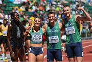 15 July 2022; The Ireland mixed 4x400m relay team,  from  left, Rhasidat Adeleke, Sophie Becker, Chris O'Donnell and Jack Raftery after finishing second in their heat during day one of the World Athletics Championships at Hayward Field in Eugene, Oregon, USA. Photo by Sam Barnes/Sportsfile
