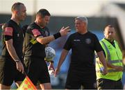 15 July 2022; Bohemians manager Keith Long reacts towards referee Paul McLaughlin during half time of the SSE Airtricity League Premier Division match between Drogheda United and Bohemians at Head in the Game Park in Drogheda, Co Louth. Photo by George Tewkesbury/Sportsfile