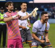 15 July 2022; Bohemians goalkeeper Tadhg Ryan, left, and Jordan Flores of Bohemians celebrate after winning in the SSE Airtricity League Premier Division match between Drogheda United and Bohemians at Head in the Game Park in Drogheda, Co Louth. Photo by George Tewkesbury/Sportsfile