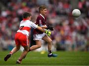 9 July 2022; Jamie Burns, St Marys N.S., Kilrusheighter, Templeboy, Sligo, representing Galway and Thomas Slowey, St Mary's P.S., Newtownbutler, Fermanagh, representing Derry  during the INTO Cumann na mBunscol GAA Respect Exhibition Go Games at half-time of the GAA Football All-Ireland Senior Championship Semi-Final match between Galway and Derry at Croke Park in Dublin. Photo by Ray McManus/Sportsfile