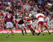 9 July 2022; Fionn Rea, Primate Dixon Coalisland, Coalisland, Tyrone, representing Derry, and Mark Boland, Scoil Naomh Barra, Wilkinstown, Navan, Meath, representing Galway, during the INTO Cumann na mBunscol GAA Respect Exhibition Go Games at half-time of the GAA Football All-Ireland Senior Championship Semi-Final match between Galway and Derry at Croke Park in Dublin. Photo by Ray McManus/Sportsfile