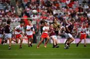 9 July 2022; Eoin Kearney, St Joseph's B.N.S., Abbeytown, Boyle, Roscommon, representing Galway and Ken Irwin, Saint Lorcan's Boy's N.S., Palmerstown, Dublin, representing Derry during the INTO Cumann na mBunscol GAA Respect Exhibition Go Games at half-time of the GAA Football All-Ireland Senior Championship Semi-Final match between Galway and Derry at Croke Park in Dublin. Photo by Ray McManus/Sportsfile