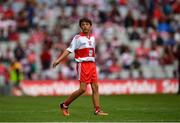 9 July 2022; Ken Irwin, Saint Lorcan's Boy's N.S., Palmerstown, Dublin, representing Derry during the INTO Cumann na mBunscol GAA Respect Exhibition Go Games at half-time of the GAA Football All-Ireland Senior Championship Semi-Final match between Galway and Derry at Croke Park in Dublin. Photo by Ray McManus/Sportsfile