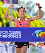15 July 2022; Toshikazu Yamanishi of Japan celebrates as he crosses the finish line to win the men's 20km final during day one of the World Athletics Championships at Hayward Field in Eugene, Oregon, USA. Photo by Sam Barnes/Sportsfile