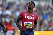 15 July 2022; Fred Kerley of USA after winning his heat of the men's 100m during day one of the World Athletics Championships at Hayward Field in Eugene, Oregon, USA. Photo by Sam Barnes/Sportsfile