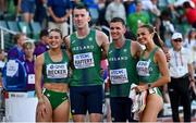 15 July 2022; The Ireland 4x400m mixed relay team, from left, Sophie Becker, Jack Raftery, Chris O'Donnell and Sharlene Mawdsley after finishing eighth in the 4x400m mixed relay final during day one of the World Athletics Championships at Hayward Field in Eugene, Oregon, USA. Photo by Sam Barnes/Sportsfile