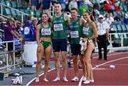 15 July 2022; The Ireland 4x400m mixed relay team, from left, Sophie Becker, Jack Raftery, Chris O'Donnell and Sharlene Mawdsley after finishing eighth in the 4x400m mixed relay final during day one of the World Athletics Championships at Hayward Field in Eugene, Oregon, USA. Photo by Sam Barnes/Sportsfile