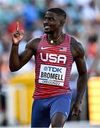 15 July 2022; Trayvon Bromell of USA celebrates after winning his heat of the men's 100m during day one of the World Athletics Championships at Hayward Field in Eugene, Oregon, USA. Photo by Sam Barnes/Sportsfile