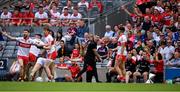 9 July 2022; Derry manager Rory Gallagher, centre, reacts during the GAA Football All-Ireland Senior Championship Semi-Final match between Derry and Galway at Croke Park in Dublin. Photo by Ray McManus/Sportsfile