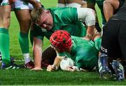 16 July 2022; Josh van der Flier of Ireland celebrates with teammate Tadhg Furlong after scoring their side's first try during the Steinlager Series match between the New Zealand and Ireland at Sky Stadium in Wellington, New Zealand. Photo by Brendan Moran/Sportsfile