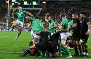 16 July 2022; Ireland players celebrate their side's first try scored by Josh van der Flier of Ireland during the Steinlager Series match between the New Zealand and Ireland at Sky Stadium in Wellington, New Zealand. Photo by Brendan Moran/Sportsfile
