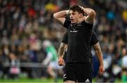 16 July 2022; Beauden Barrett of New Zealand reacts during the Steinlager Series match between the New Zealand and Ireland at Sky Stadium in Wellington, New Zealand. Photo by Brendan Moran/Sportsfile
