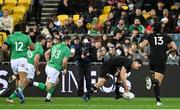16 July 2022; Will Jordan of New Zealand drops the ball just short of the try line during the Steinlager Series match between the New Zealand and Ireland at Sky Stadium in Wellington, New Zealand. Photo by Brendan Moran/Sportsfile