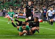 16 July 2022; Hugo Keenan of Ireland scores his side's second try during the Steinlager Series match between the New Zealand and Ireland at Sky Stadium in Wellington, New Zealand. Photo by Brendan Moran/Sportsfile