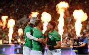 16 July 2022; Hugo Keenan of Ireland, right, celebrates with teammates Jamison Gibson Park and Mack Hansen after scoring his side's second try during the Steinlager Series match between the New Zealand and Ireland at Sky Stadium in Wellington, New Zealand. Photo by Brendan Moran/Sportsfile