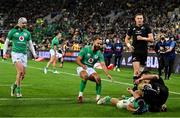 16 July 2022; Jamison Gibson Park and Mack Hansen of Ireland celebrate as Hugo Keenan scores his side's second try during the Steinlager Series match between the New Zealand and Ireland at Sky Stadium in Wellington, New Zealand. Photo by Brendan Moran/Sportsfile