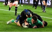 16 July 2022; Hugo Keenan of Ireland scores his side's second try during the Steinlager Series match between the New Zealand and Ireland at Sky Stadium in Wellington, New Zealand. Photo by Brendan Moran/Sportsfile
