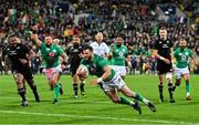 16 July 2022; Robbie Henshaw of Ireland dives over to score his side's third try during the Steinlager Series match between the New Zealand and Ireland at Sky Stadium in Wellington, New Zealand. Photo by Brendan Moran/Sportsfile