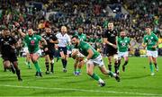 16 July 2022; Robbie Henshaw of Ireland on his way to scoring his side's third try during the Steinlager Series match between the New Zealand and Ireland at Sky Stadium in Wellington, New Zealand. Photo by Brendan Moran/Sportsfile