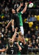 16 July 2022; James Ryan of Ireland takes possession in a lineout ahead of Ardie Savea of New Zealand during the Steinlager Series match between the New Zealand and Ireland at Sky Stadium in Wellington, New Zealand. Photo by Brendan Moran/Sportsfile