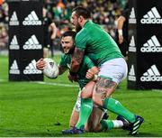 16 July 2022; Robbie Henshaw of Ireland celebrates with teammate Andrew Porter after scoring his side's third try during the Steinlager Series match between the New Zealand and Ireland at Sky Stadium in Wellington, New Zealand. Photo by Brendan Moran/Sportsfile