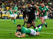 16 July 2022; Robbie Henshaw of Ireland scores his side's third try during the Steinlager Series match between the New Zealand and Ireland at Sky Stadium in Wellington, New Zealand. Photo by Brendan Moran/Sportsfile