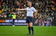 16 July 2022; Referee Wayne Barnes consults TMO before showing a yellow card to Andrew Porter of Ireland, not pictured, during the Steinlager Series match between the New Zealand and Ireland at Sky Stadium in Wellington, New Zealand. Photo by Brendan Moran/Sportsfile