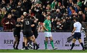 16 July 2022; Jonathan Sexton of Ireland reacts as Will Jordan of New Zealand celebrates after scoring his side's third try with teammates during the Steinlager Series match between the New Zealand and Ireland at Sky Stadium in Wellington, New Zealand. Photo by Brendan Moran/Sportsfile