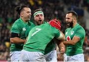 16 July 2022; Rob Herring of Ireland, centre, celebrates with teammates, from left, James Lowe, Josh van der Flier and Jamison Gibson Park of Ireland after scoring his side's fourth try during the Steinlager Series match between the New Zealand and Ireland at Sky Stadium in Wellington, New Zealand. Photo by Brendan Moran/Sportsfile