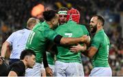 16 July 2022; Rob Herring of Ireland, centre, celebrates with teammates James Lowe, Josh van der Flier and Jamison Gibson Park of Ireland after scoring his side's fourth try during the Steinlager Series match between the New Zealand and Ireland at Sky Stadium in Wellington, New Zealand. Photo by Brendan Moran/Sportsfile