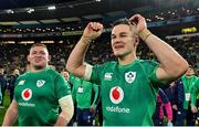 16 July 2022; Jonathan Sexton and Tadhg Furlong of Ireland after their side's victory in the Steinlager Series match between the New Zealand and Ireland at Sky Stadium in Wellington, New Zealand. Photo by Brendan Moran/Sportsfile