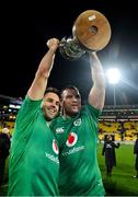 16 July 2022; Conor Murray and Tadhg Beirne of Ireland celebrate with the trophy after their side's victory in the Steinlager Series match between the New Zealand and Ireland at Sky Stadium in Wellington, New Zealand. Photo by Brendan Moran/Sportsfile