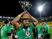 16 July 2022; Bundee Aki of Ireland celebrates with the trophy after his side's victory in the Steinlager Series match between the New Zealand and Ireland at Sky Stadium in Wellington, New Zealand. Photo by Brendan Moran/Sportsfile