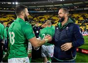 16 July 2022; Ireland head coach Andy Farrell and Robbie Henshaw of Ireland after their side's victory in the Steinlager Series match between the New Zealand and Ireland at Sky Stadium in Wellington, New Zealand. Photo by Brendan Moran/Sportsfile