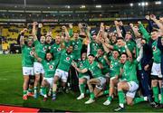 16 July 2022; Ireland captain Jonathan Sexton lifts the trophy with James Ryan and teammates after their side's victory in the Steinlager Series match between the New Zealand and Ireland at Sky Stadium in Wellington, New Zealand. Photo by Brendan Moran/Sportsfile