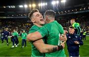 16 July 2022; Dan Sheehan and Jonathan Sexton of Ireland embrace after their side's victory in the Steinlager Series match between the New Zealand and Ireland at Sky Stadium in Wellington, New Zealand. Photo by Brendan Moran/Sportsfile