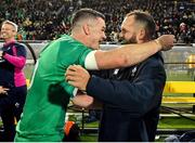 16 July 2022; Jonathan Sexton and Jamison Gibson Park of Ireland embrace after their side's victory in the Steinlager Series match between the New Zealand and Ireland at Sky Stadium in Wellington, New Zealand. Photo by Brendan Moran/Sportsfile