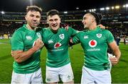16 July 2022; Ireland players, from left, Hugo Keenan, Dan Sheehan and James Lowe after their side's victory in the Steinlager Series match between the New Zealand and Ireland at Sky Stadium in Wellington, New Zealand. Photo by Brendan Moran/Sportsfile