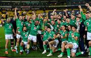 16 July 2022; Ireland players celebrate with the trophy after their side's victory in the Steinlager Series match between the New Zealand and Ireland at Sky Stadium in Wellington, New Zealand. Photo by Brendan Moran/Sportsfile